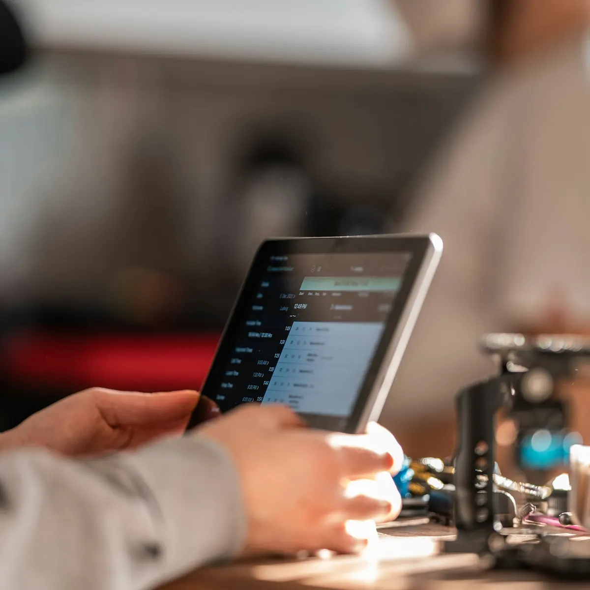 Mains sur une tablette dans un atelier